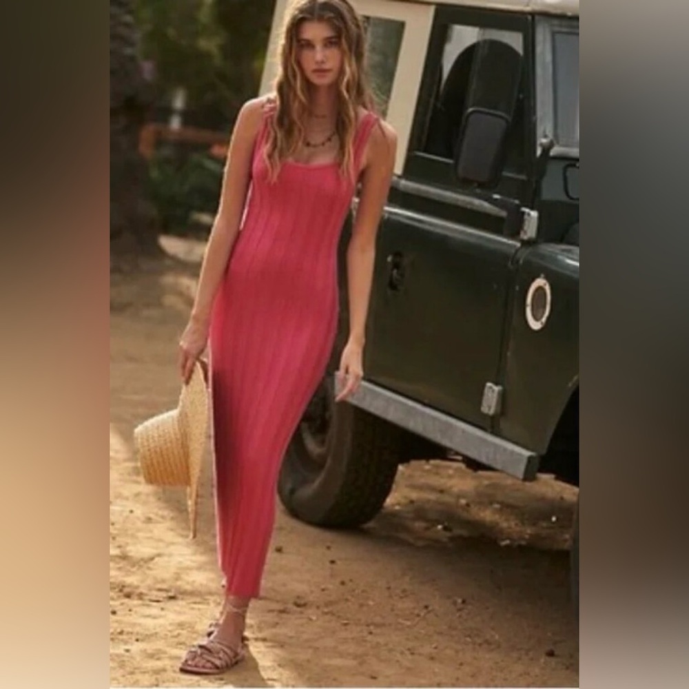Free People Beach Ribbed Knit Sleeveless Scoop Neck Pink Maxi Dress Size Medium